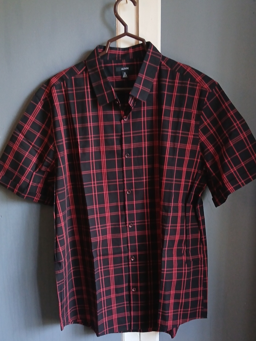 Alfani Black and Red Plaid Short Sleeve Button-Down Shirt